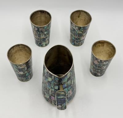  Los Castillo 1960s Mexican Abalone Inlay Alpaca Silver Pitcher 4 Tumblers Barware Set