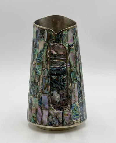  Los Castillo 1960s Mexican Abalone Inlay Alpaca Silver Pitcher 4 Tumblers Barware Set