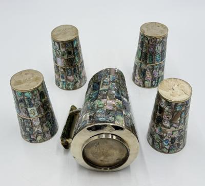 Los Castillo 1960s Mexican Abalone Inlay Alpaca Silver Pitcher 4 Tumblers Barware Set
