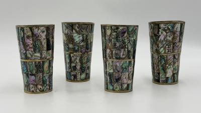  Los Castillo 1960s Mexican Abalone Inlay Alpaca Silver Pitcher 4 Tumblers Barware Set