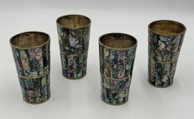  Los Castillo 1960s Mexican Abalone Inlay Alpaca Silver Pitcher 4 Tumblers Barware Set