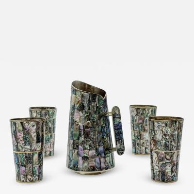  Los Castillo 1960s Mexican Abalone Inlay Alpaca Silver Pitcher 4 Tumblers Barware Set