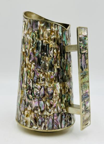  Los Castillo Alpaca Silver Pitcher with Abalone Shell Inlay Mexico 1960s Signed LHG