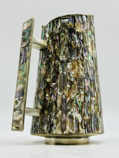  Los Castillo Alpaca Silver Pitcher with Abalone Shell Inlay Mexico 1960s Signed LHG