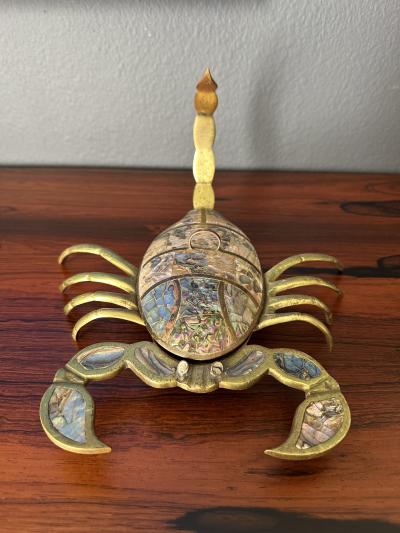  Los Castillo Brass and Abalone Shell Crab Sculpture Trinket Box
