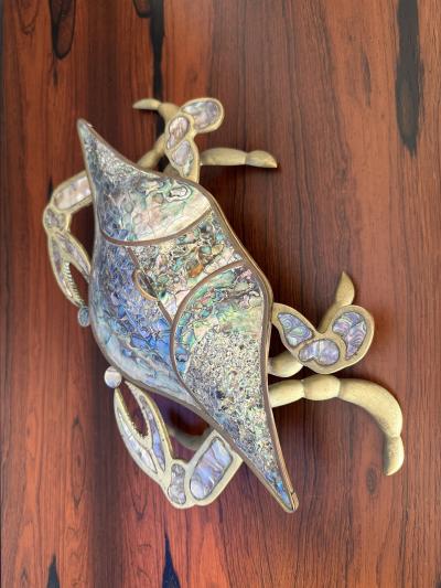  Los Castillo Brass and Abalone Shell Crab Sculpture Trinket Box