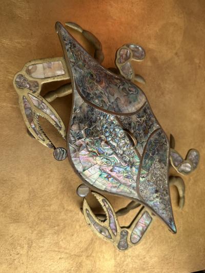  Los Castillo Brass and Abalone Shell Crab Sculpture Trinket Box
