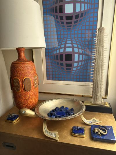  Los Castillo Brass and Abalone Shell Turtle Sculpture Platter