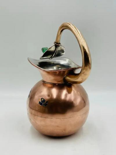  Los Castillo Copper Silver Stone Pitcher by Los Castillo Mexico 1960s Signed 