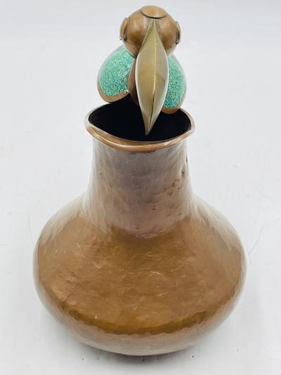 Los Castillo Hammered Copper Turquoise Inlay Toucan Water Pitcher by Alfredo Villasa a
