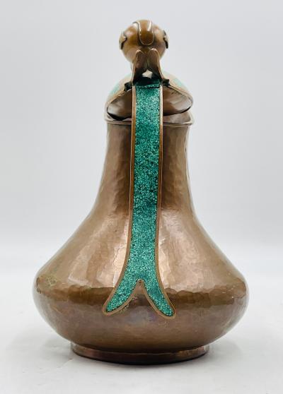  Los Castillo Hammered Copper Turquoise Inlay Toucan Water Pitcher by Alfredo Villasa a