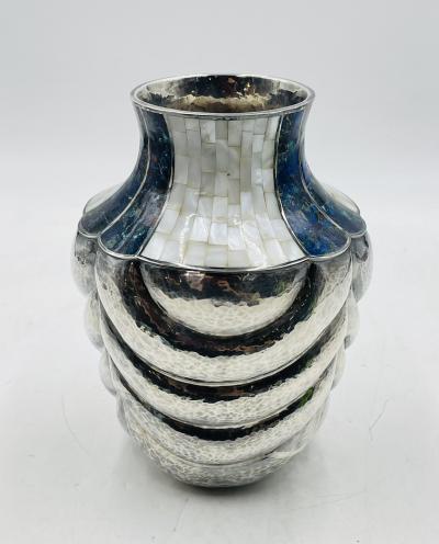  Los Castillo Los Castillo Studio Vase with Inlay and Hammered Finish Mexico 1970s