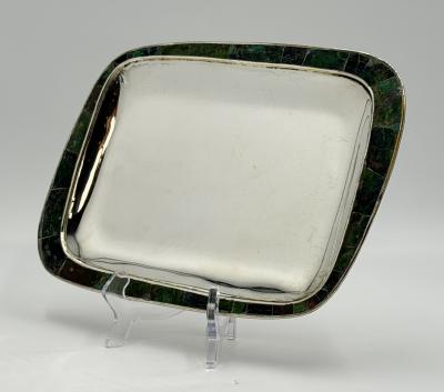  Los Castillo Los Castillo Taxco Azurite Lapis Inlaid Silver Plated Tray Mexican Modernist
