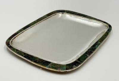  Los Castillo Los Castillo Taxco Azurite Lapis Inlaid Silver Plated Tray Mexican Modernist