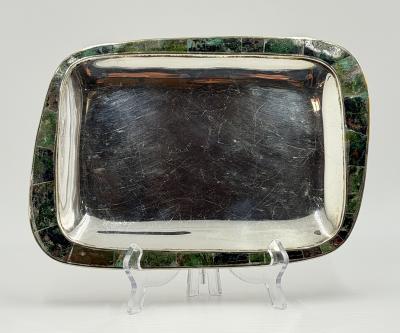  Los Castillo Los Castillo Taxco Azurite Lapis Inlaid Silver Plated Tray Mexican Modernist