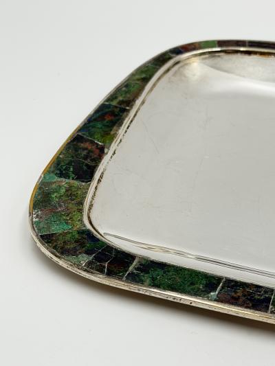  Los Castillo Los Castillo Taxco Azurite Lapis Inlaid Silver Plated Tray Mexican Modernist