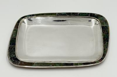  Los Castillo Los Castillo Taxco Azurite Lapis Inlaid Silver Plated Tray Mexican Modernist