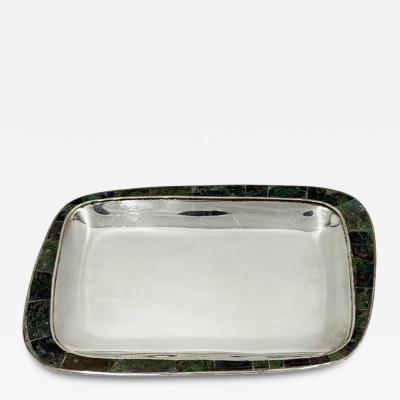  Los Castillo Los Castillo Taxco Azurite Lapis Inlaid Silver Plated Tray Mexican Modernist