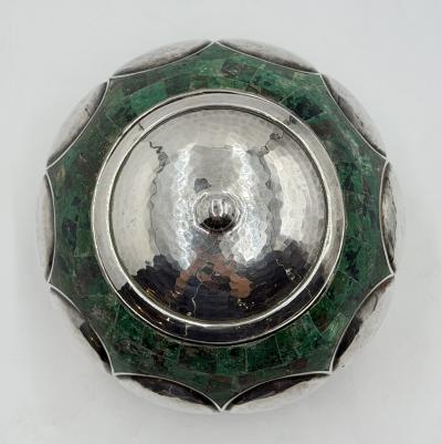  Los Castillo Los Castillo Taxco Malachite Silver Plate Lidded Bowl Mexican Modernist Silver