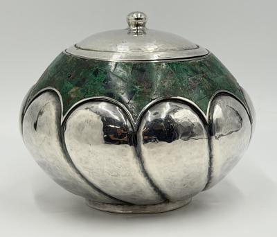  Los Castillo Los Castillo Taxco Malachite Silver Plate Lidded Bowl Mexican Modernist Silver