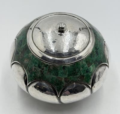  Los Castillo Los Castillo Taxco Malachite Silver Plate Lidded Bowl Mexican Modernist Silver
