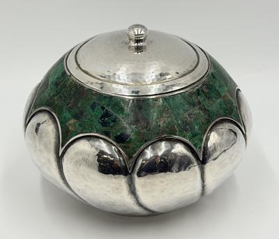  Los Castillo Los Castillo Taxco Malachite Silver Plate Lidded Bowl Mexican Modernist Silver