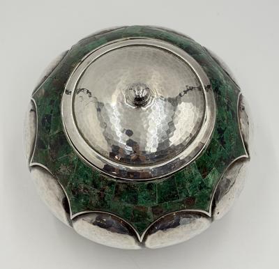  Los Castillo Los Castillo Taxco Malachite Silver Plate Lidded Bowl Mexican Modernist Silver