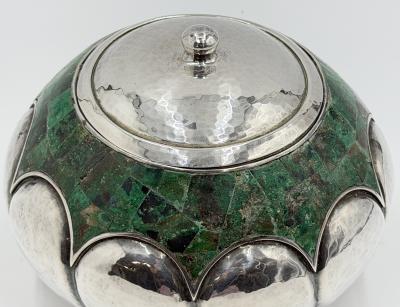  Los Castillo Los Castillo Taxco Malachite Silver Plate Lidded Bowl Mexican Modernist Silver