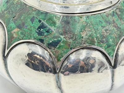  Los Castillo Los Castillo Taxco Malachite Silver Plate Lidded Bowl Mexican Modernist Silver