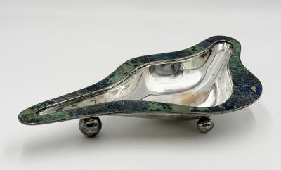  Los Castillo Los Castillo Taxco Modernist Silver Plate Malachite Lapis Centerpiece Bowl