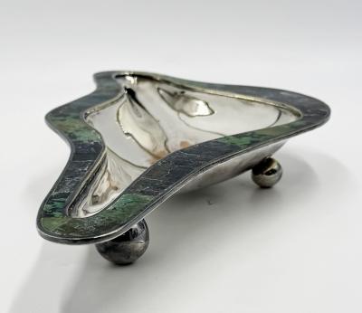  Los Castillo Los Castillo Taxco Modernist Silver Plate Malachite Lapis Centerpiece Bowl