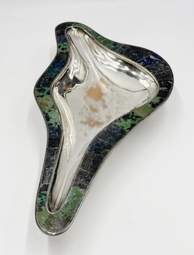  Los Castillo Los Castillo Taxco Modernist Silver Plate Malachite Lapis Centerpiece Bowl