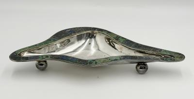  Los Castillo Los Castillo Taxco Modernist Silver Plate Malachite Lapis Centerpiece Bowl