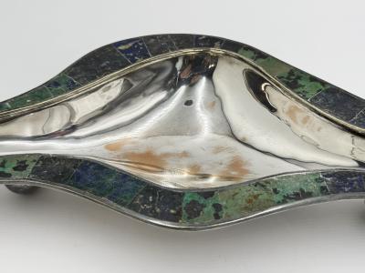  Los Castillo Los Castillo Taxco Modernist Silver Plate Malachite Lapis Centerpiece Bowl