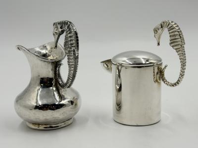  Los Castillo Los Castillo Taxco Seahorse Silver Plate Creamer Sugar Set Mexico 1950s