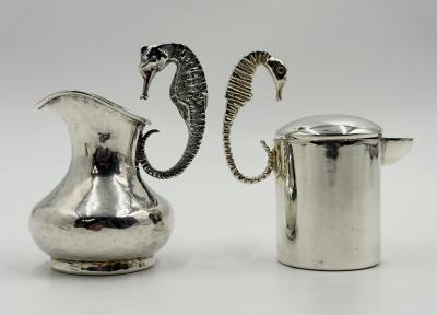  Los Castillo Los Castillo Taxco Seahorse Silver Plate Creamer Sugar Set Mexico 1950s