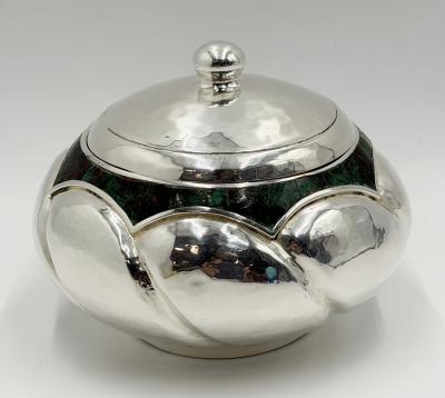  Los Castillo Los Castillo Taxco Silver Plate Malachite Lidded Bowl Mexican Modernism