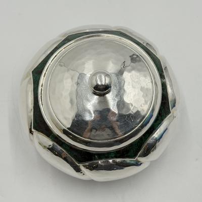  Los Castillo Los Castillo Taxco Silver Plate Malachite Lidded Bowl Mexican Modernism