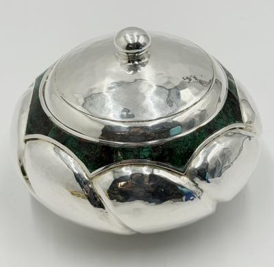  Los Castillo Los Castillo Taxco Silver Plate Malachite Lidded Bowl Mexican Modernism