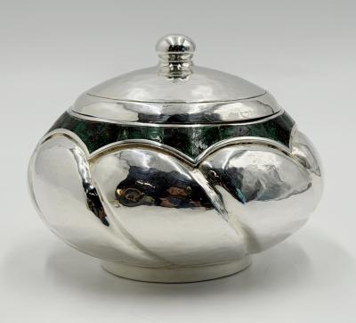  Los Castillo Los Castillo Taxco Silver Plate Malachite Lidded Bowl Mexican Modernism
