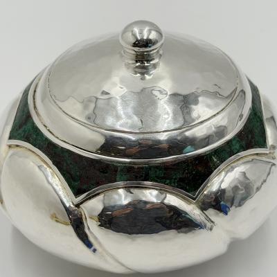  Los Castillo Los Castillo Taxco Silver Plate Malachite Lidded Bowl Mexican Modernism