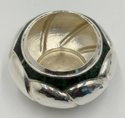  Los Castillo Los Castillo Taxco Silver Plate Malachite Lidded Bowl Mexican Modernism
