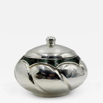  Los Castillo Los Castillo Taxco Silver Plate Malachite Lidded Bowl Mexican Modernism