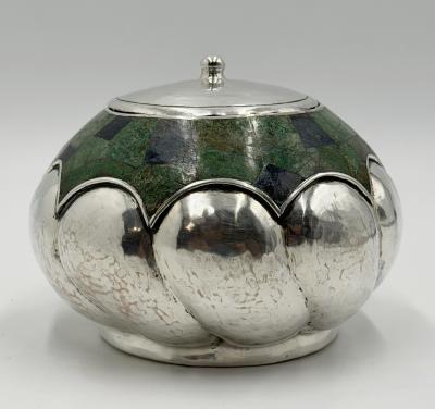  Los Castillo Los Castillo Taxco Silver Plate Malachite Lidded Bowl Mexico 1960s