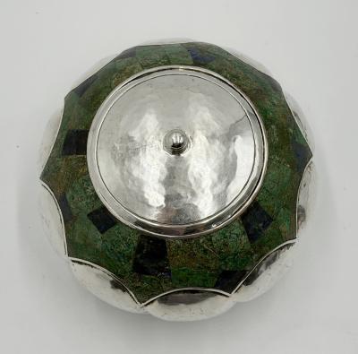  Los Castillo Los Castillo Taxco Silver Plate Malachite Lidded Bowl Mexico 1960s