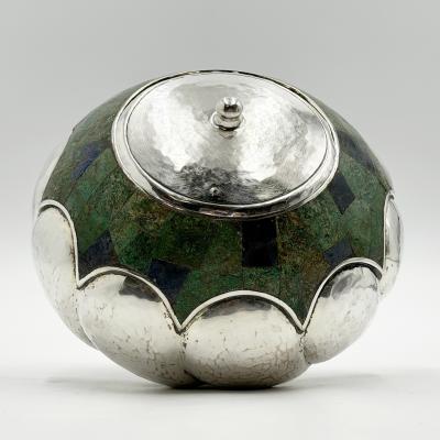  Los Castillo Los Castillo Taxco Silver Plate Malachite Lidded Bowl Mexico 1960s