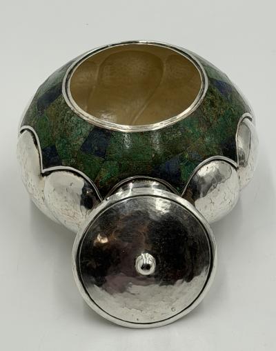  Los Castillo Los Castillo Taxco Silver Plate Malachite Lidded Bowl Mexico 1960s