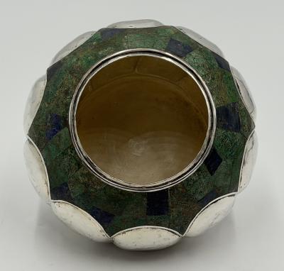  Los Castillo Los Castillo Taxco Silver Plate Malachite Lidded Bowl Mexico 1960s