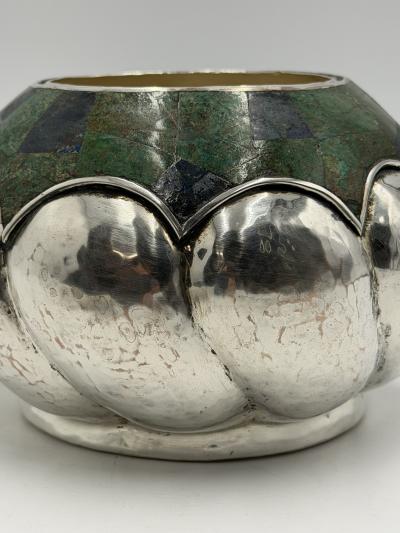  Los Castillo Los Castillo Taxco Silver Plate Malachite Lidded Bowl Mexico 1960s