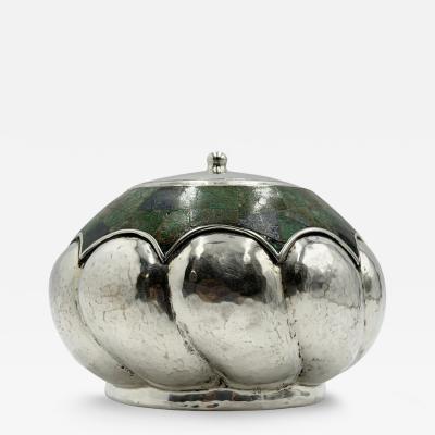  Los Castillo Los Castillo Taxco Silver Plate Malachite Lidded Bowl Mexico 1960s